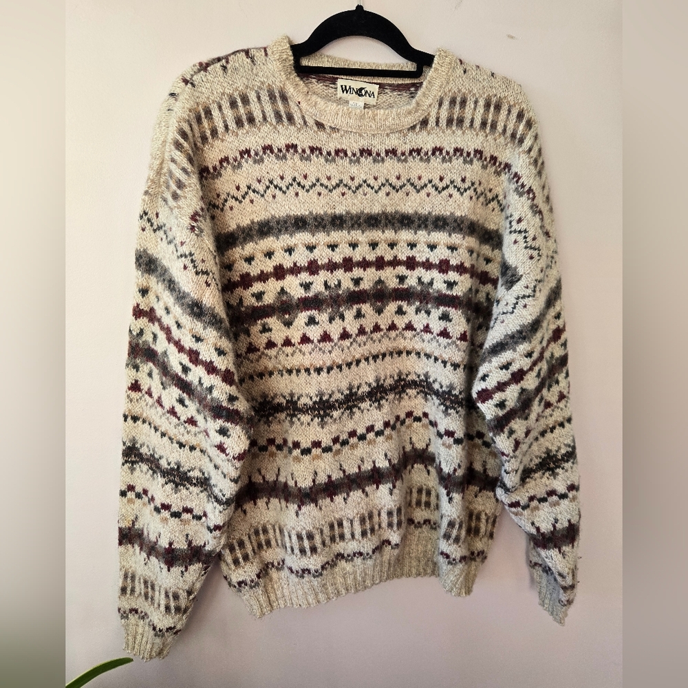 VTG Winona Knits Men's XL Fair Isle Wool Blend Sweater Made in USA Boho